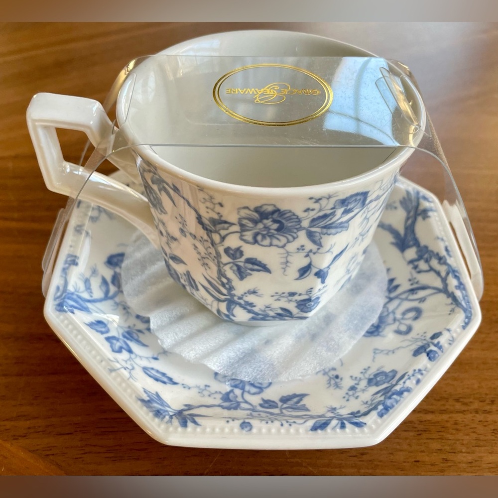 new Grace Teaware blue and white tea cup and saucer
